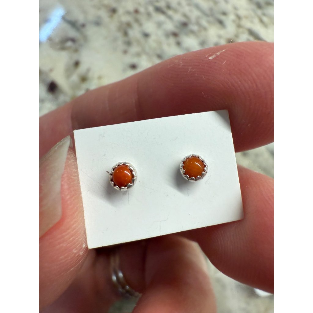 Artisan Dorothy Yazzie Navajo Handmade Sterling Silver Coral Stud Earrings Gift